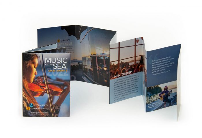 Pocket sized accordion brochure with a cover that wraps around